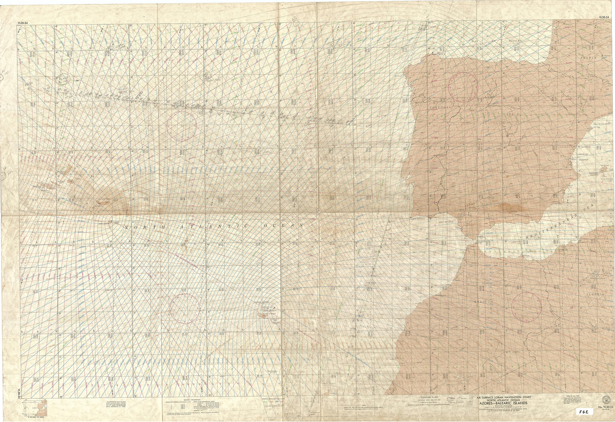 Air surface Loran Navigation chart – North Atlantic ocean – Azores – Balearic Islands