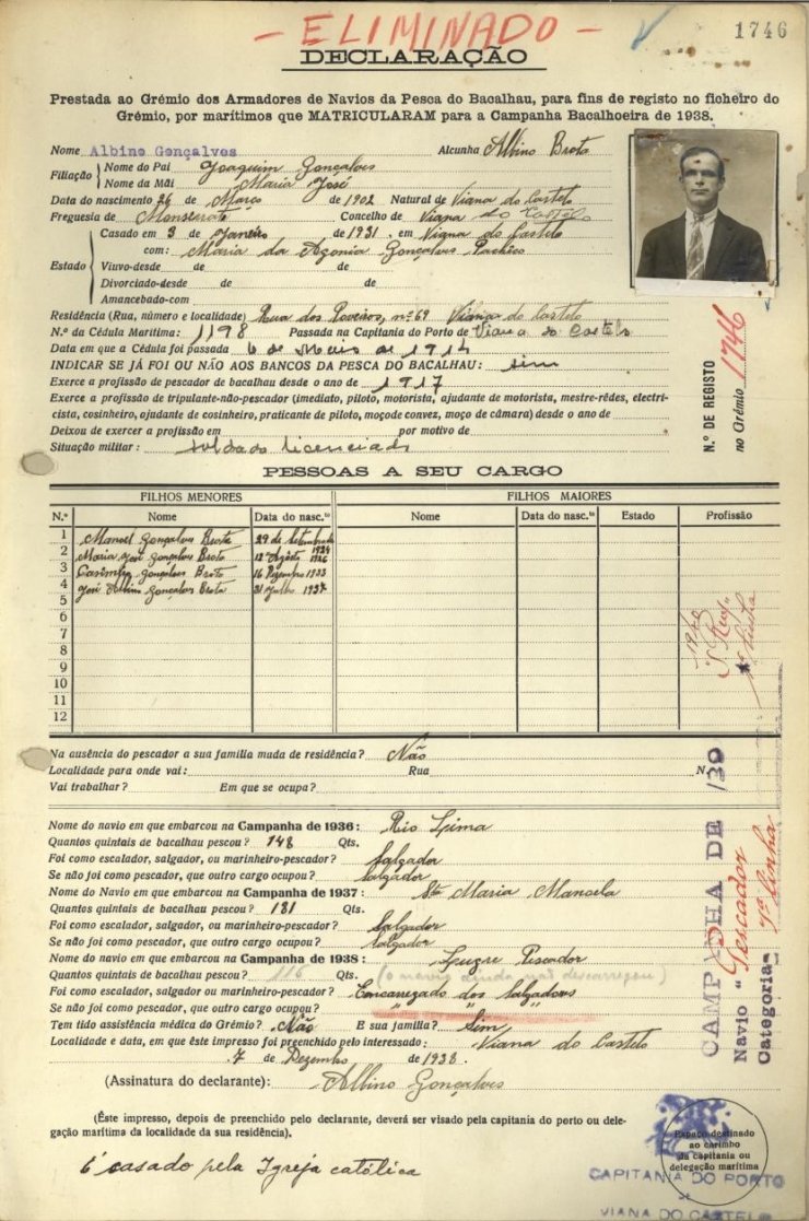 Ficha de pescador – Albino Gonçalves Brota