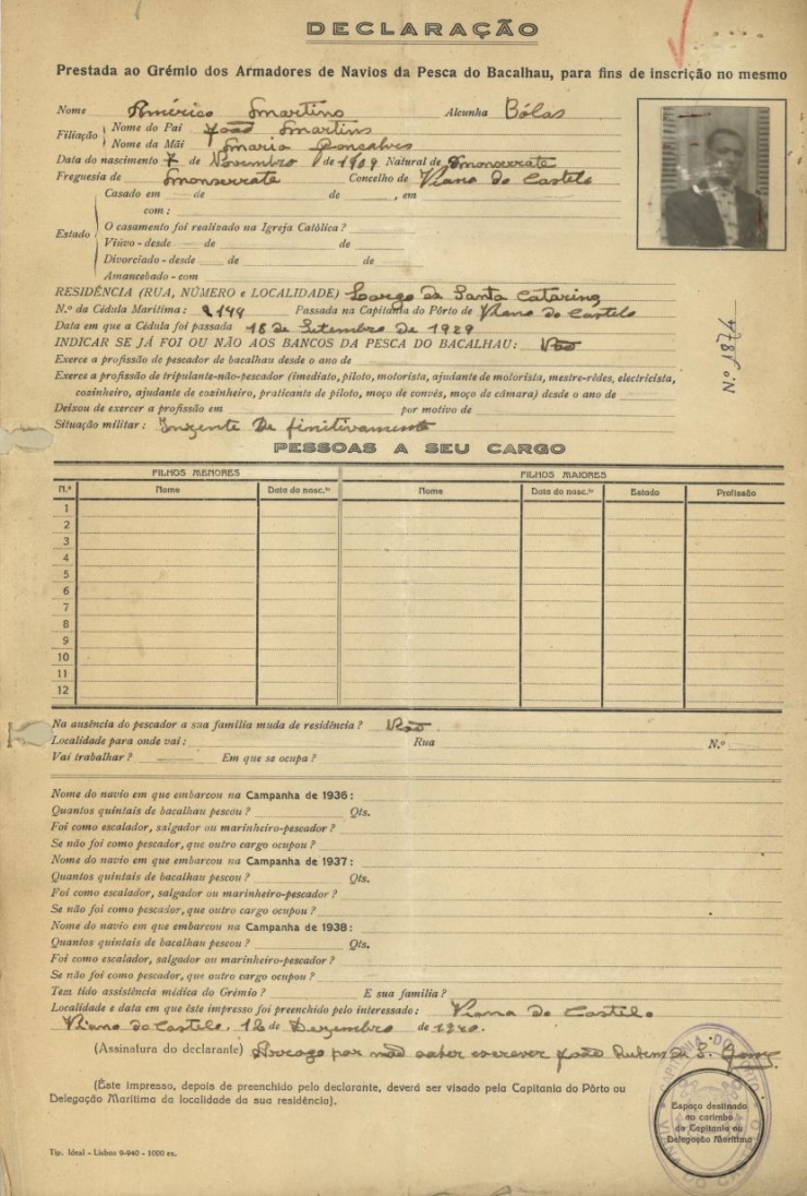 Ficha de pescador – Américo Martins